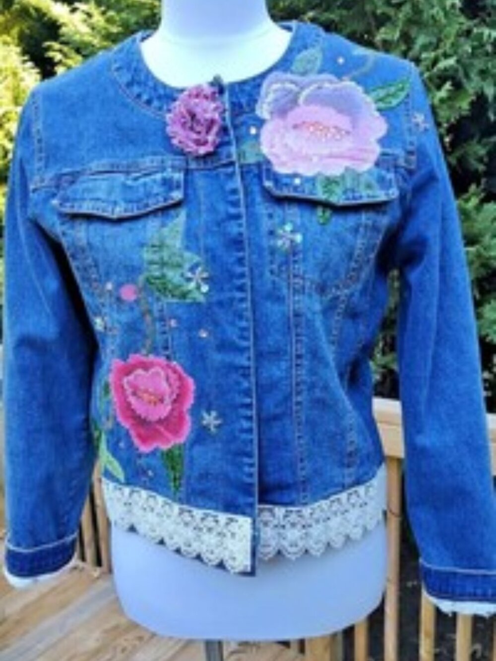 BEREK Embellished Lace Beaded Applique Denim Jacket Wearable Art Small